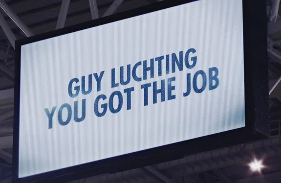 A video on the big screen announces at the Juventus Stadium that Guy Luchting has got the job