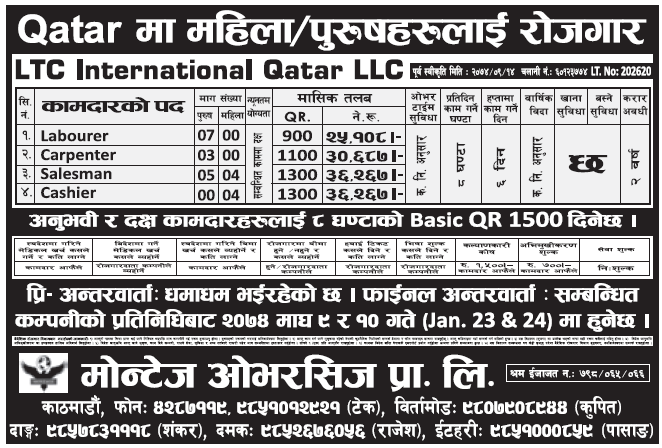 Jobs in Qatar for Nepali, Salary Rs 36,267