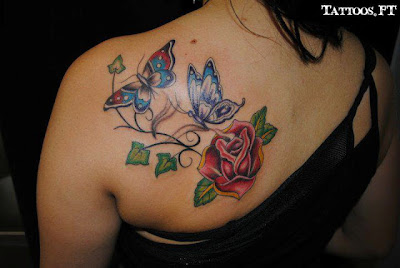Tatuagens Boroboleta e rosa nas costas