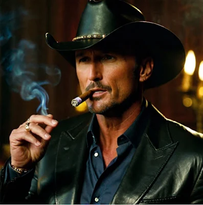 A bad version of Tim McGraw wearing black leather blazer and smoking cigar