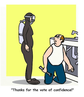 A cartoon showing a husband on his knees with a wrench in front of a sink. The wife wears a scuba diving outfit. The caption quotes the husband: "thanks for the vote of confidence!"