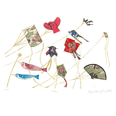 kites, linocut by Ele Willoughby, 2023