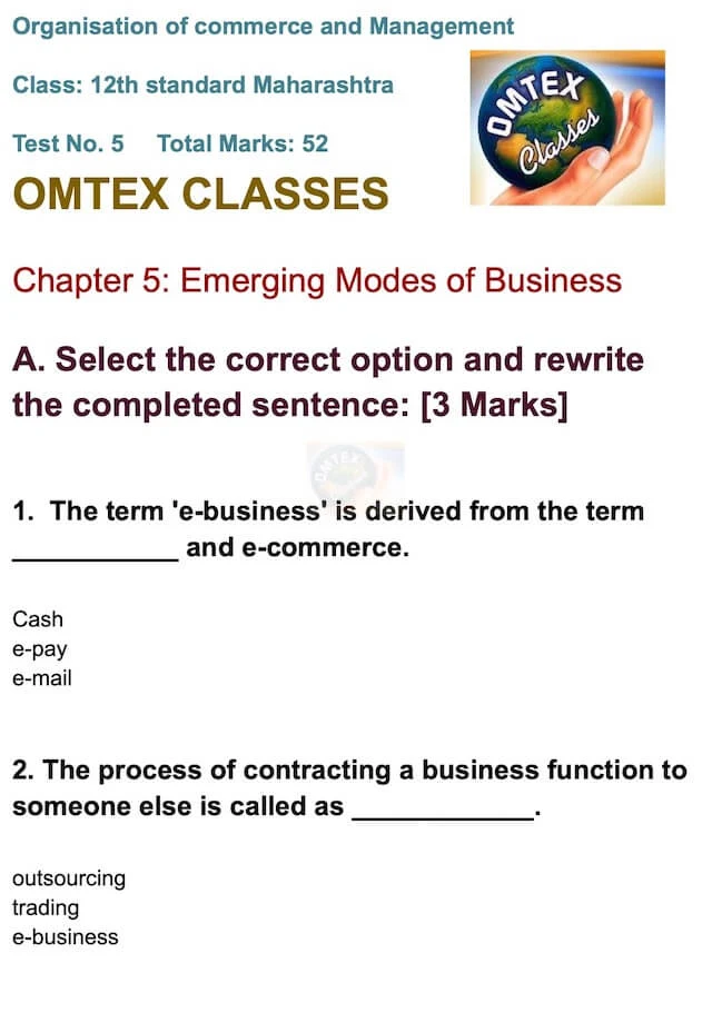OCM Test No. 5. Class: 12th Standard Maharashtra Chapter 5: Emerging Modes of Business