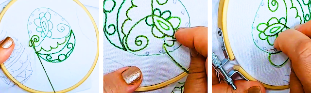Bordando o contorno do ovo de páscoa - degradê verde - por Renata Callado