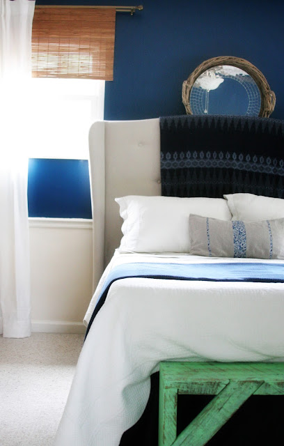 Navy Bedroom with white bedding and green bench // Craftivity Designs