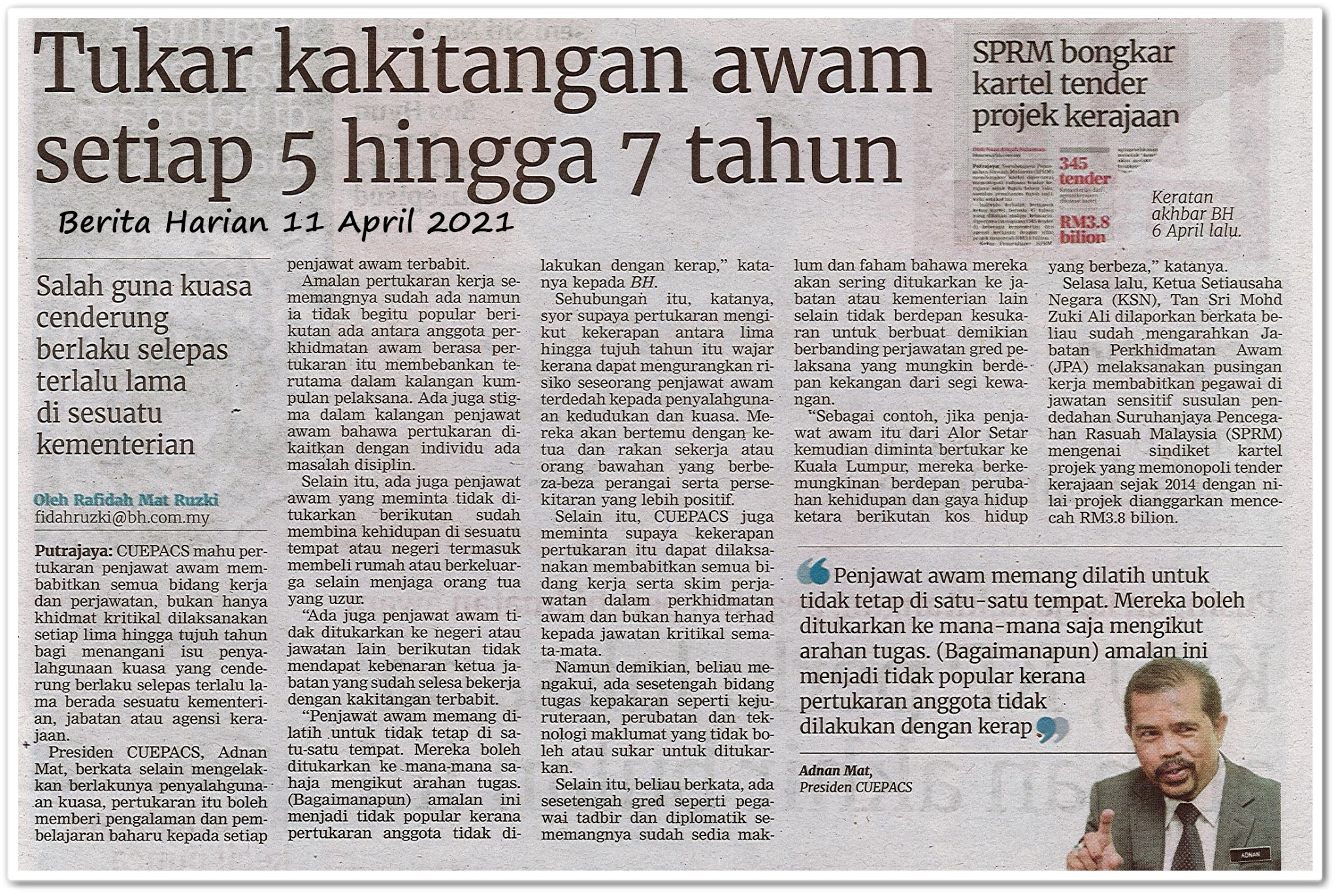 Tukar kakitangan awam setiap 5 hingga 7 tahun - Keratan akhbar Berita Harian 11 April 2021