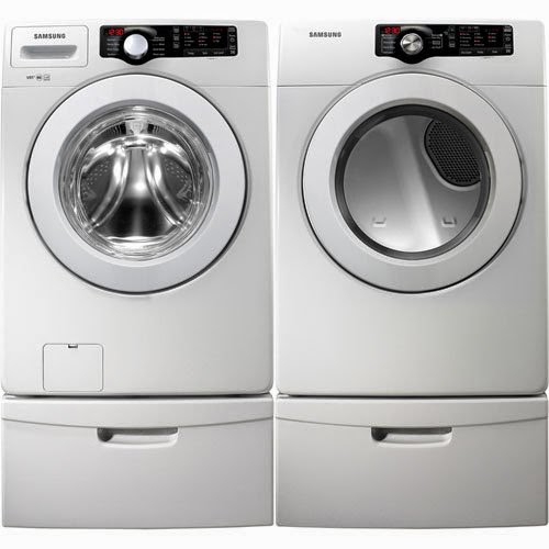 Samsung White 3.6 Cu Ft DOE Front Load Washer & 7.3 Cu. Ft. ELECTRIC Dryer Laundry Set with Pedestals WF361BVBEWR_DV361EWBEWR_WE357A0W