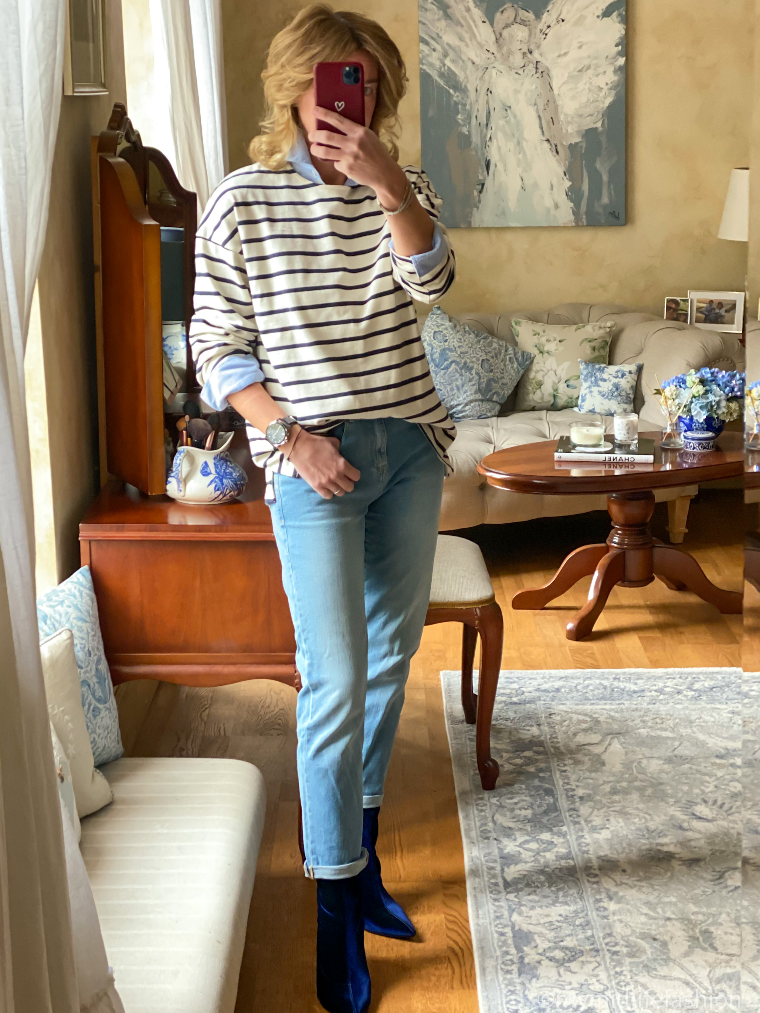 my midlife fashion, ivy the brand Nora Breton top, baukjen boyfriend jean, sesame tomboy shirt, marks and opener stiletto heel ankle sock boots