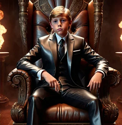 Young Baron Trump wearing a black leather suit sitting in a big plush leather chair