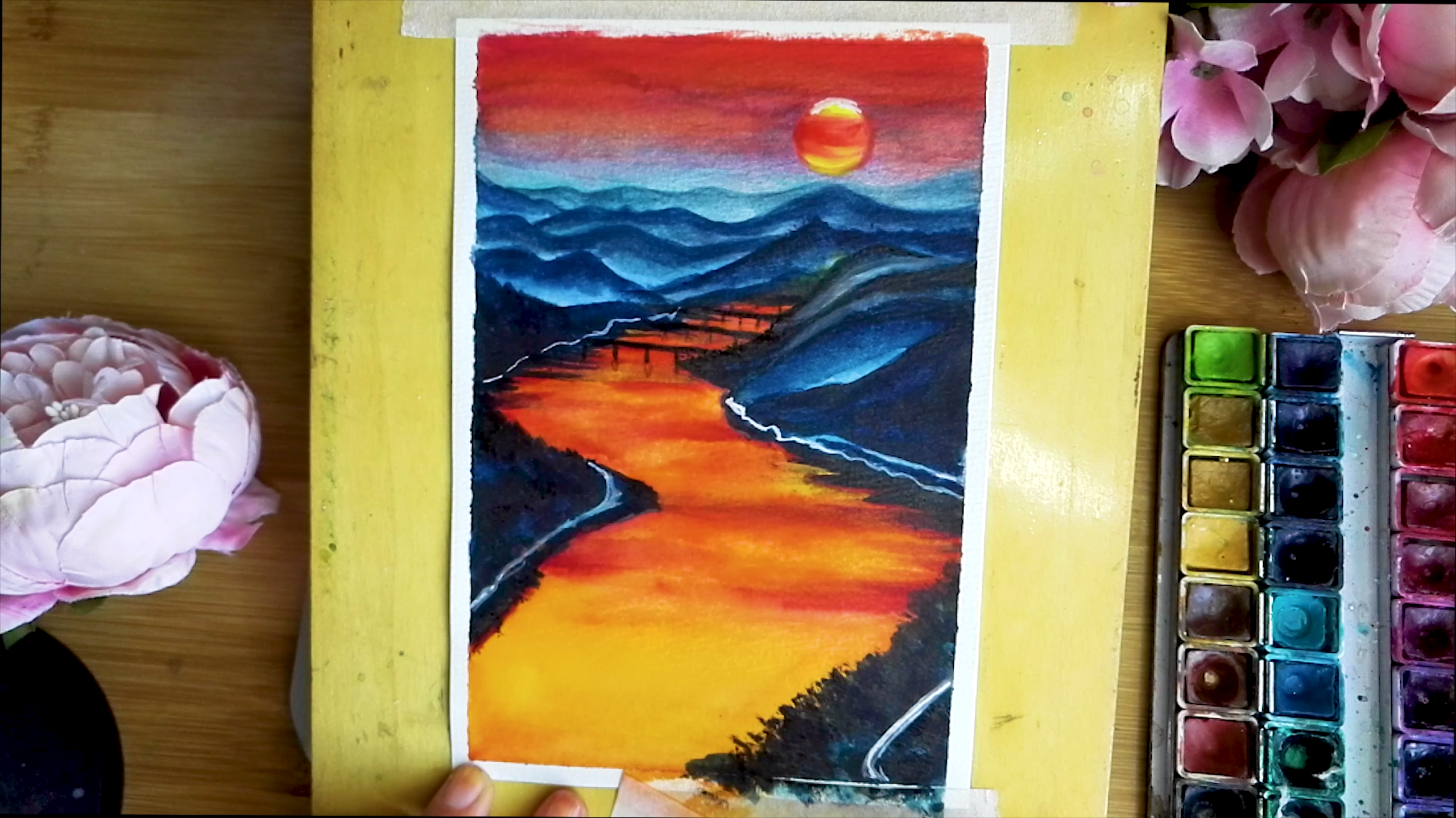 How to draw watercolor sunset river landscape tutorial