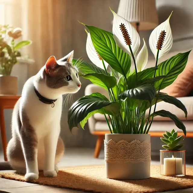 Curious cat sniffing a Peace Lily plant indoors with soft natural lighting.