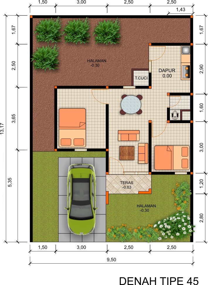 GAMBAR DENAH  RUMAH  TYPE  45  DAN UKURANNYA freewaremini