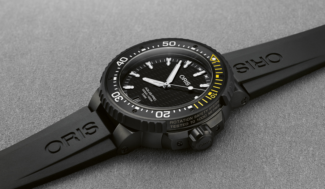 Oris AquisPro Date a professional diver’s watch features Rotation Safety System