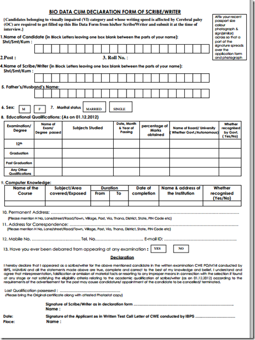 IBPS BIODATA FORM Interview