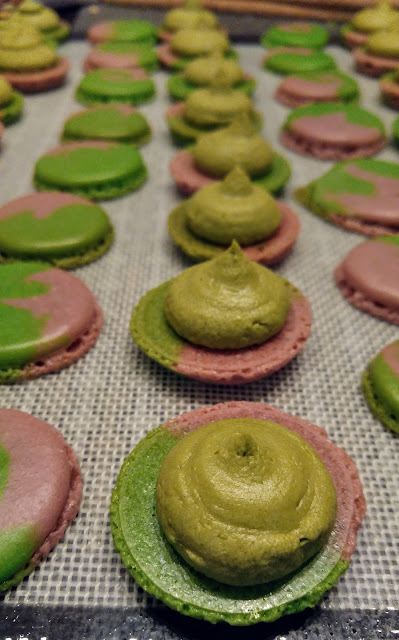 A tray of matcha raspberry macarons with the shells split, and the bottom shells have matcha buttercream piped on top.