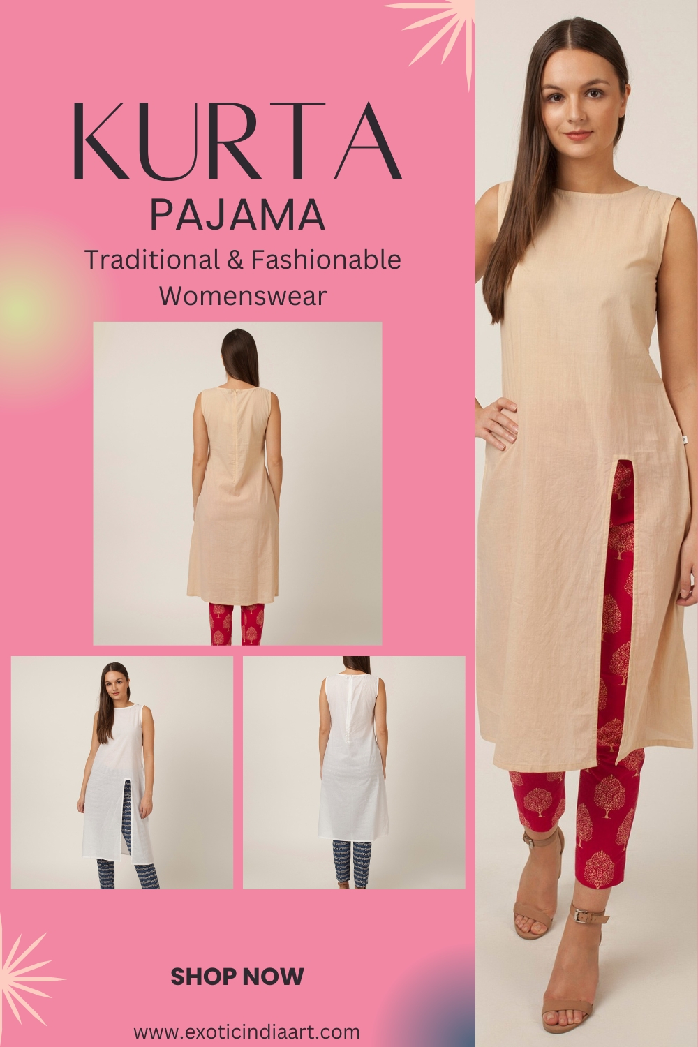 Cotton Front Slit Kurta With Printed Straight Pant | Kurta Pujama For Women