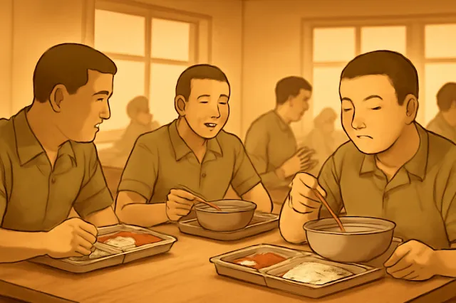 일요일 아침 군대 식당에서 동기들이 함께 식사하는 장면, 소박하고 정겨운 느낌