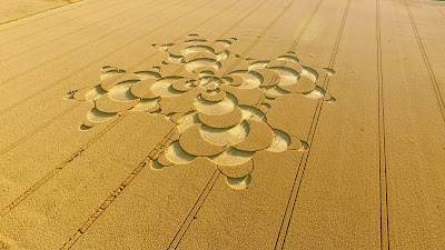 ID: a photo by Agent J on Unsplash shows a crop circle of curved lines and partial circles visible in a golden field.
