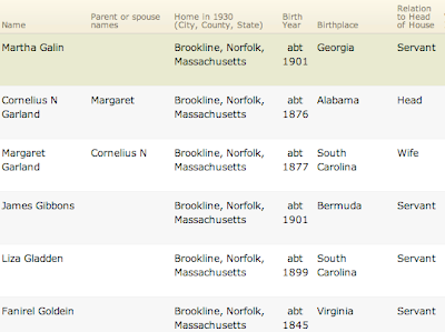 A portion of the list of Brookline residents classified as Negro in the 1930 U.S. Census