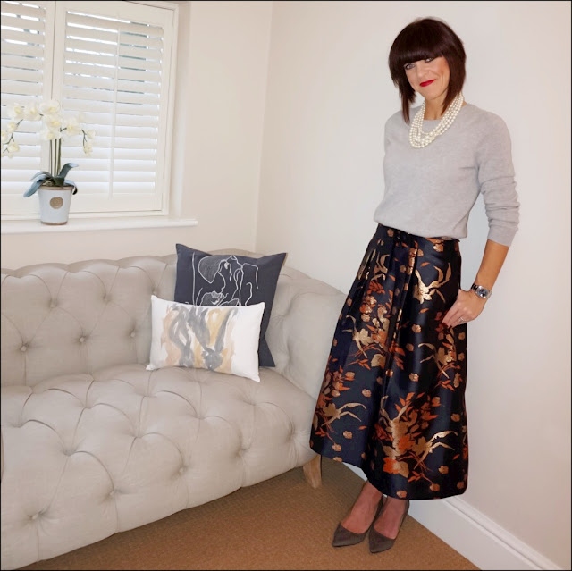 My Midlife Fashion, J Crew pearl twisted hammock necklace, marks and spencer pure cashmere crew neck jumper, marks and spencer jacquard a line skirt, zara court shoes