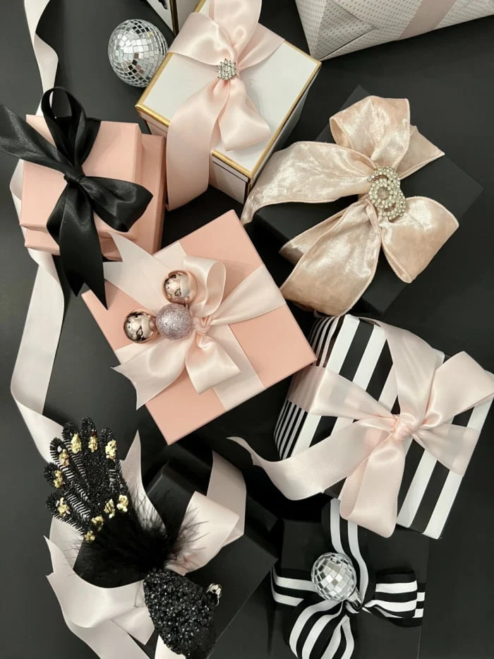 black and blush wrapped gifts