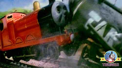 A large train crash sticky black road tar splash all over James the tank engine lovely red paintwork