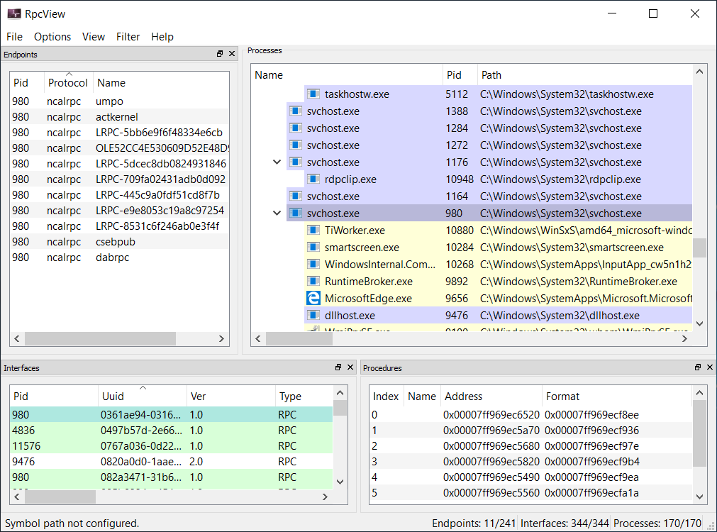 This is a screenshot of RPC View. The tool has four sections. The upper left section shows the endpoints, the upper right shows the processes currently running, the lower left shows the interfactes by PID and UUID and the bottom right shows procedures, with indexes and addresses.