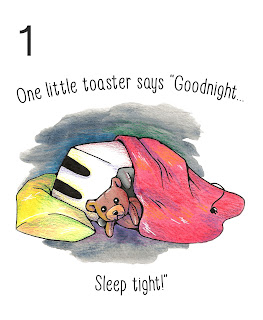 A single page excerpt from the children's picture book, Counting Toasters 1 to 10 by Haley McAndrews. It features a white toaster snuggled in bed with a teddy bear.