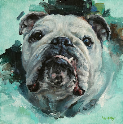 Fester, custom bulldog painting, pet portrait in oil on canvas, Heather Lenefsky