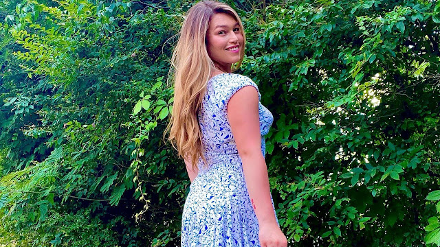 Ariel Long – Most Beautiful Trans Woman Fashion in Blue Print Midi Dress Instagram Photos