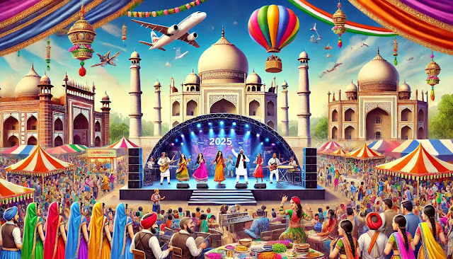 Taj Mahotsav 2025, showcasing a grand cultural festival in Agra, India. The image includes a stage with famous I