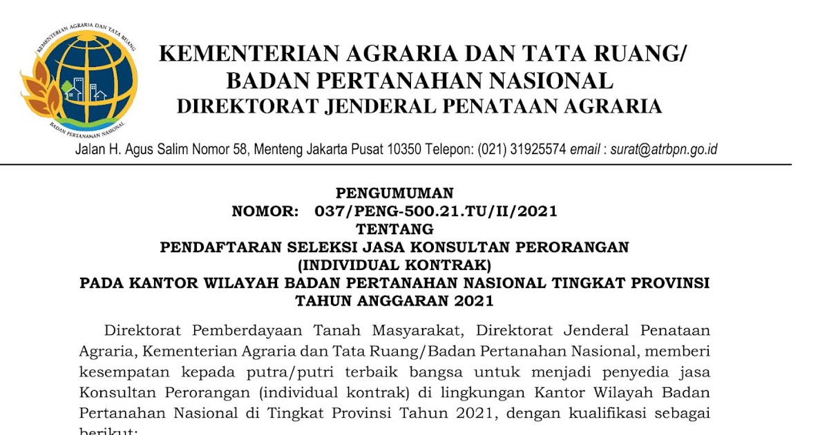 Lowongan Kerja Lowongan Kerja Direktorat Jenderal Penataan Agraria KanWil Badan Pertanahan Nasional Tingkat Provinsi  Anggaran 2021  April 2024