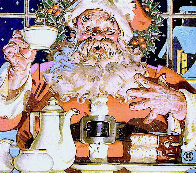Joseph Christian Leyendecker 1940 Christmas Santa with cookies and cocao