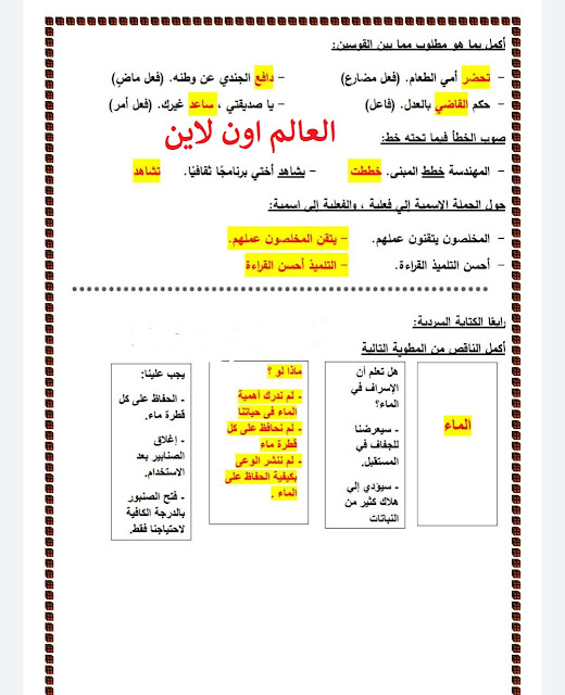 امتحانات رابعة ابتدائى لغة عربية