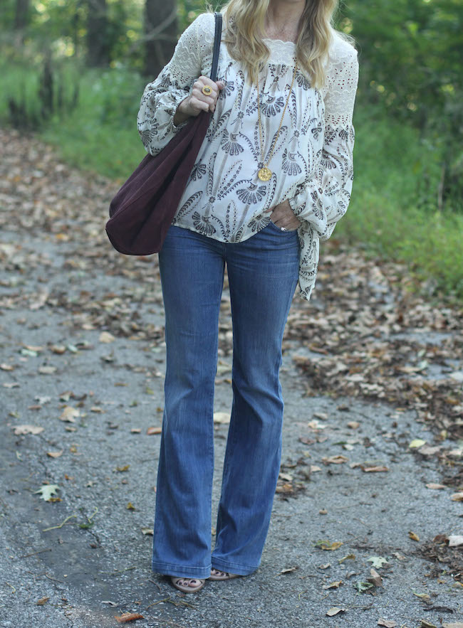 goldsign flare jeans, anthropologie peasant top