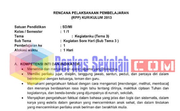 Rpp K13 Kelas 1 Revisi 2017 Sub Tema Acara Sore Hari Semua Pembelajaran