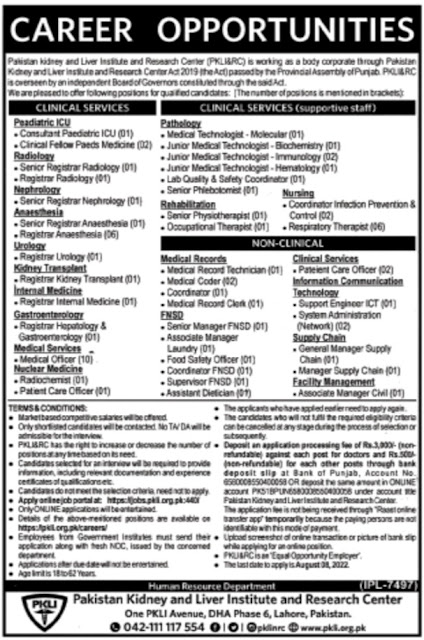 Career Opportunities at Pakistan Kidney and Liver Institute latest jobs