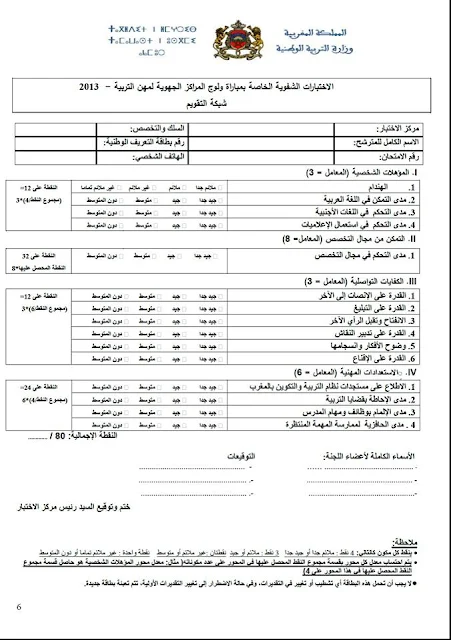  بطاقة التقويم الشفوي الخاصة بولوج المراكز الجهوية لمهن التربية والتكوين 2013 للاستئناس والله ولي التوفيق