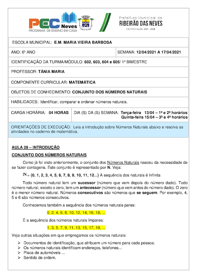 NÚMEROS NATURAIS - INTRODUÇÃO E REVISÃO