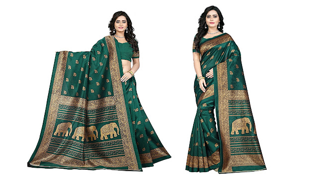 Jaanvi Fashion Women's Art Silk Elephant Motifs Kalamkari Printed Saree (Green)