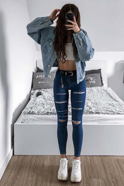 outfits con jeans y chaqueta denim