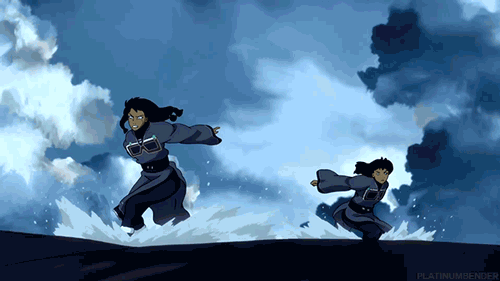 GIF of Desna and Eska - Northern Water Tribe surfing waterbending image