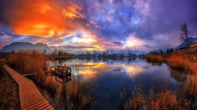 Sunset Lake Clouds Nature Scenery 