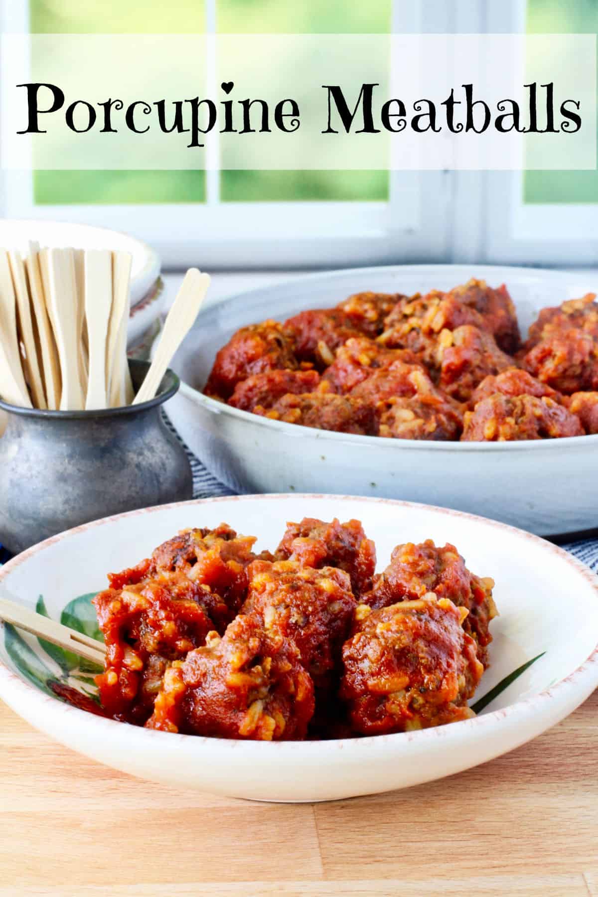 Porcupine Meatballs with tomato sauce in bowls.