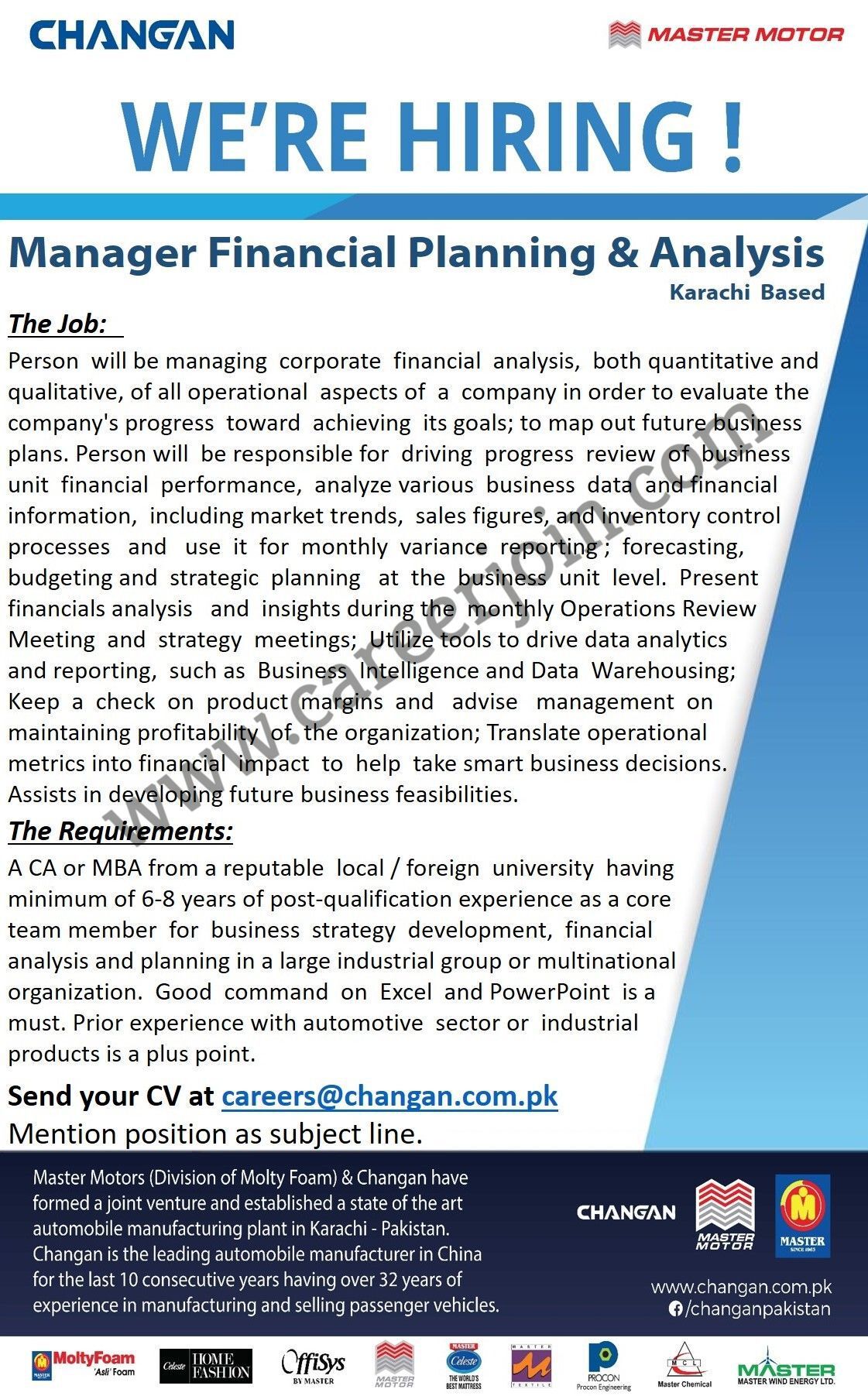 Changan Pakistan Jobs 2021 in Pakistan - Manager Financial Planning & Analysis Jobs 2021 - Online Apply :- careers@changan.com.pk