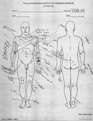 A diagram from an autopsy performed on Lockett. Pathologists found nothing to explain why the doctor and the paramedic had had so much trouble placing an IV. (Oklahoma Department of Public Safety / AP)