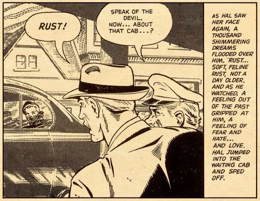 A close-up of Hal with cab driver seeing Rust Masson on the street followed by long caption