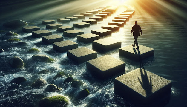 series of stepping stones leading across a river or stream, with each stone representing a step in the journey toward success.