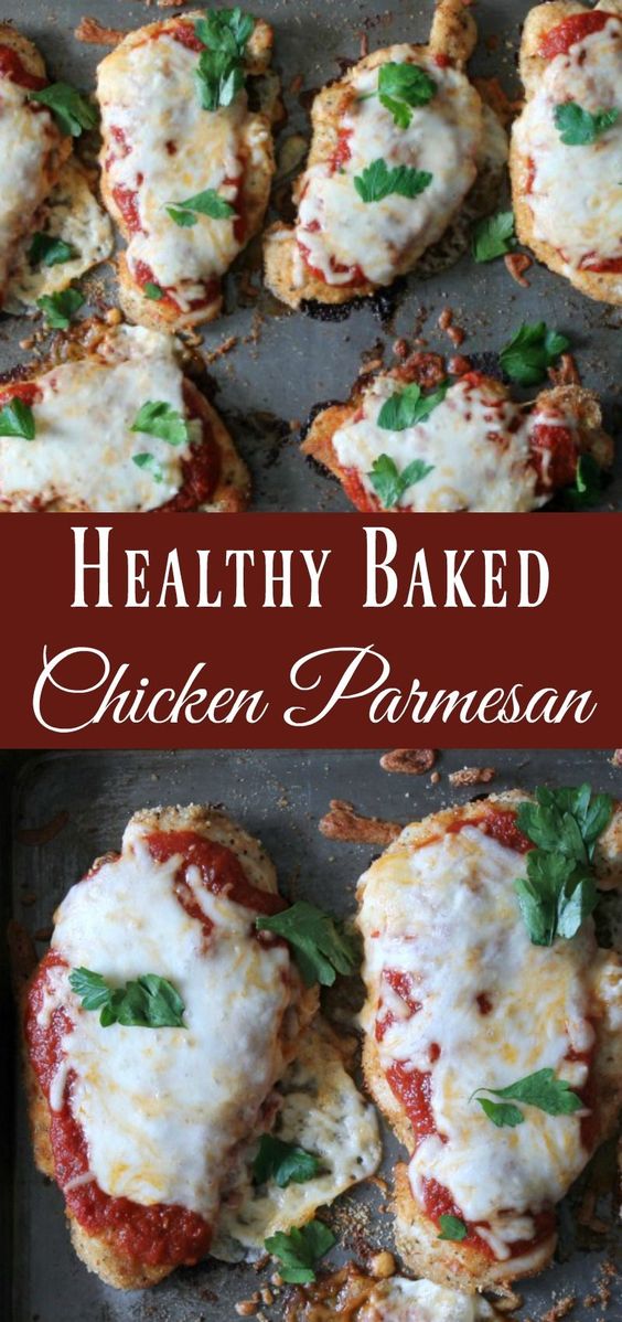 Healthy Baked Chicken Parmesan Recipe. Easy sheet pan recipe that uses simple ingredients and baked in the oven. This my favorite lightened-up Italian recipe.