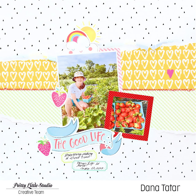Whimsical Strawberry Picking Scrapbook Layout Created with the Pretty Little Studio Savannah Dreams and Christmas Cheer Paper Collections